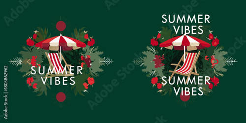 Two decorative summer vibes emblems featuring a deck chair and umbrella surrounded by foliage and flowers