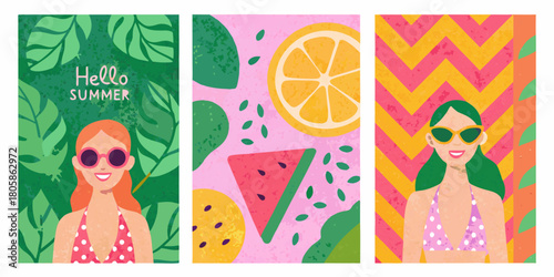 Vibrant summer illustrations featuring happy women and tropical fruits with leafy backgrounds