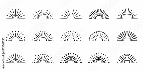 Collection of hand drawn sunburst and sunrise icons in black and white minimalist style