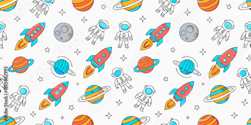 Cute cartoon space pattern with astronauts rockets planets and stars on white background