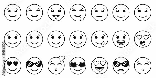 Collection of diverse black and white outline smiley face icons representing various emotions and expressions