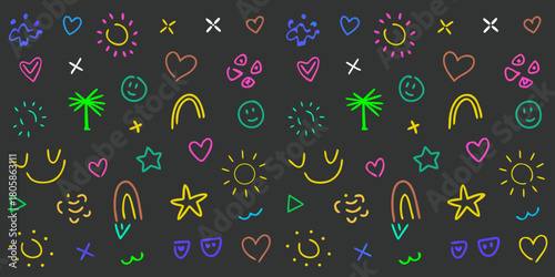 Colorful hand drawn doodles of hearts suns rainbows palm trees and smiley faces on dark background