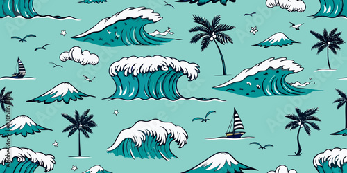 Tropical beach seamless pattern with crashing waves palm trees sailboats clouds and birds