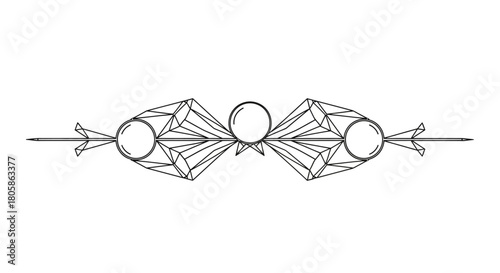 Symmetrical line art decorative divider with geometric shapes, circles, and arrow tips on a white background.