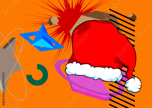 Santa Claus Hat geometrical graphic retro theme background. Minimal geometric elements. Vintage abstract shapes vector illustration.