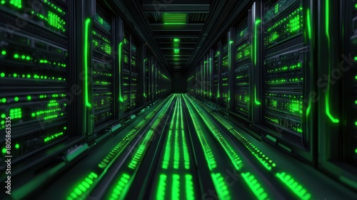 Futuristic data center corridor lined with server racks and glowing green LED indicators, evoking sleek high-tech intensity and precise digital order