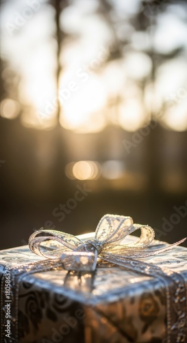Wrapped present adorned with a shimmering bow sits outdoors against bright sunlight