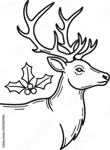 Elegant hand drawn sketch of a majestic stag with festive holly sprig illustrating winter holiday spirit, Generative Ai
