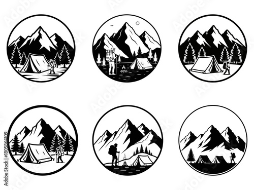 Camping Scene in Circle with Mountains and Hiker