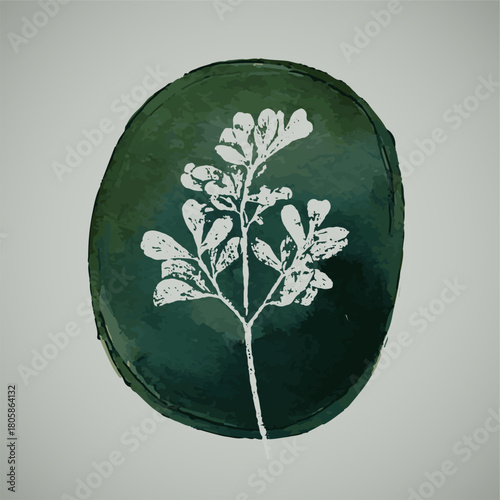 Floral graphic illustration drawing of greens and plants over a creative green oval background