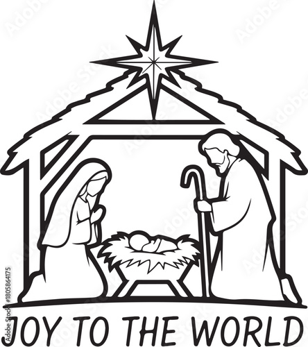 Simple line art depicting the nativity scene with the star of bethlehem above and joy to the world text below, Generative Ai