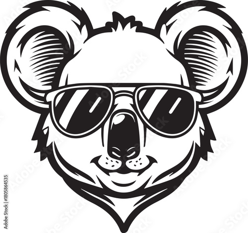 Cool Koala's Portrait: A black and white vector art design features a cool koala bear with sunglasses, conveying a sense of laid-back charm and relaxed attitude.