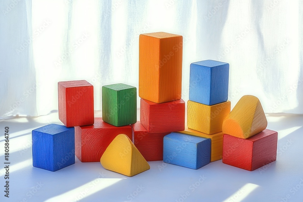 Obraz premium Colorful wooden toy blocks in red, blue, yellow and green arranged on a white surface with soft sunlight and curtain backdrop, playful and calm mood