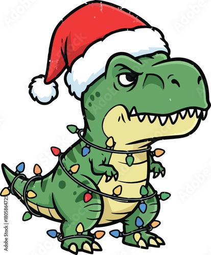 Cute grumpy tyrannosaurus rex dinosaur wearing a santa hat and tangled in christmas lights, Generative Ai
