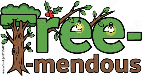 Creative tree mendous word art featuring a tree and green letters with faces, Generative Ai