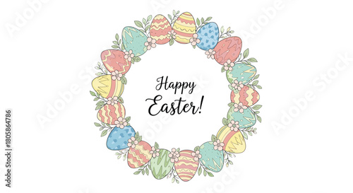 Hand-drawn Easter wreath with colorful pastel eggs and delicate spring flowers encircling a \.