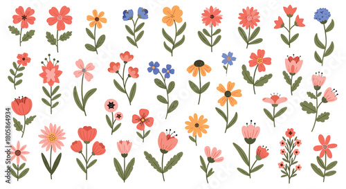 Delightful collection of hand-drawn cartoon flowers in vibrant colors and diverse shapes, perfect for cheerful spring and summer graphic designs and patterns.