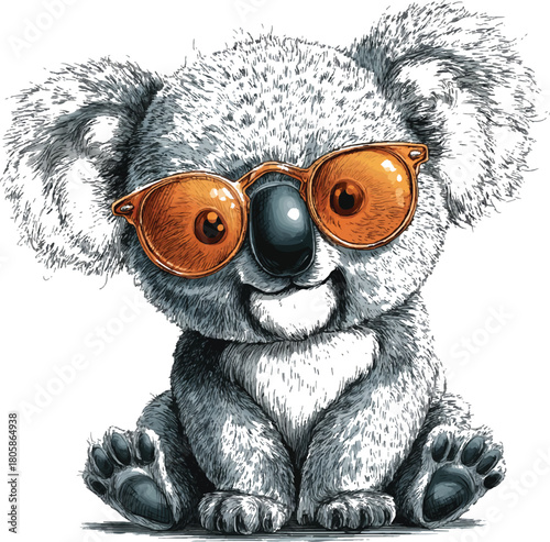 Cool Koala with Sunglasses: An adorable, stylish koala, complete with a pair of trendy sunglasses, exudes a sense of playful coolness and charm. A cute and stylish koala ready for the beach.