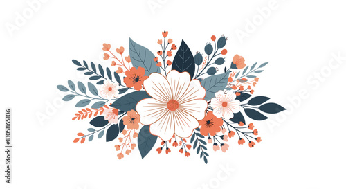 Elegant bouquet of stylized flowers featuring white and coral blooms, complemented by blue-green foliage and delicate berries.