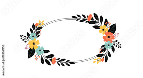 Elegant oval frame adorned with a vibrant arrangement of colorful yellow, orange, and blue flowers, accented by dark leaves.