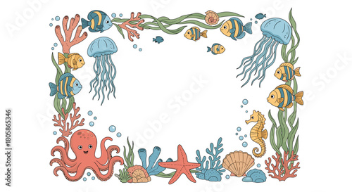 Cute cartoon ocean-themed border with a playful array of marine animals and plants like fish, jellyfish, octopus, starfish, seahorse, and coral.