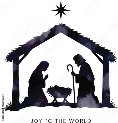 Silhouette of the nativity scene with mary joseph and baby jesus in a stable under a star, Generative Ai
