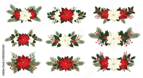 Set of nine vibrant Christmas poinsettia arrangements adorned with traditional holiday greenery, pine needles, and bright red berries.