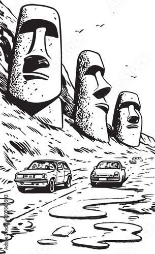 Easter Island Adventure: A monochrome image captures the imposing Moai statues, their ancient presence juxtaposed with the modern convenience of vehicles navigating the rugged landscape.