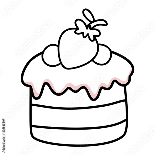 Strawberry cake vector illustration with cream, decoration, coloring for kids.