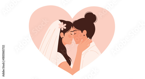 A loving lesbian couple on their wedding day, embracing each other with tender affection in a heart-shaped frame.