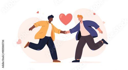 Joyful diverse gay couple running hand in hand, expressing affection and romantic love against a heartwarming background.