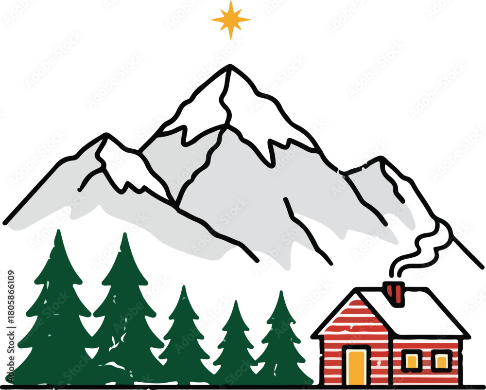 Obraz premium Cozy log cabin nestled amongst pine trees beneath majestic snow capped mountains, Generative Ai