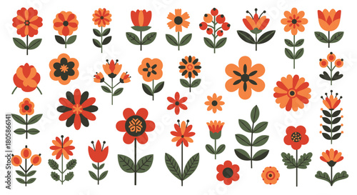 A vibrant collection of stylized folk art flowers and berries in warm autumn colors, featuring simple, charming designs perfect for seasonal decor.