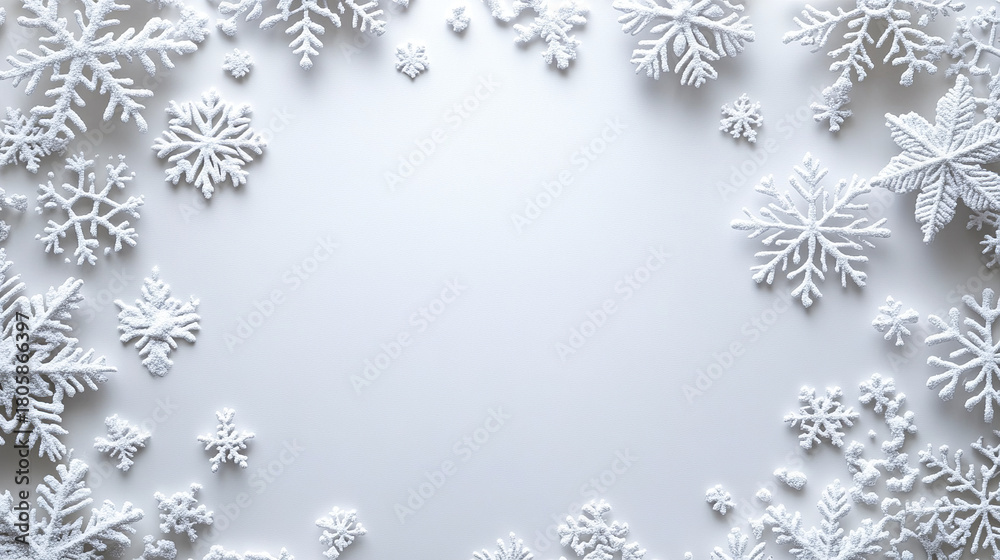 Fototapeta premium White snowflake decoration frame with winter theme and soft shadows, creating calm and festive atmosphere on light background