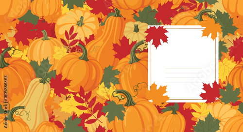 Autumn background with a variety of pumpkins and colorful fall leaves surrounding a blank white frame for festive messages.