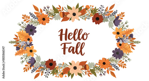 A cheerful autumnal floral wreath in an oval shape, adorned with fall-colored flowers and leaves, framing the hand-lettered text 'Hello Fall'.