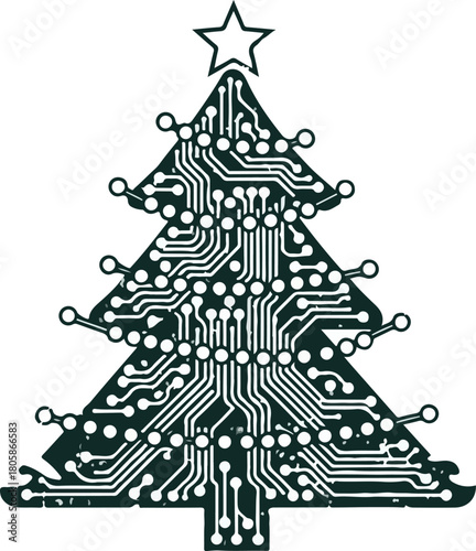 Creative christmas tree illustration made from circuit board patterns and festive lights, Generative Ai