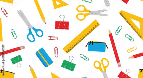 A vibrant seamless pattern featuring an assortment of colorful school and office supplies arranged on a clean white background.
