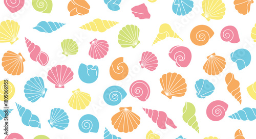 A vibrant and cheerful seamless pattern featuring various types of seashells in soft pastel colors like pink, blue, green, orange, and yellow on a clean white background.