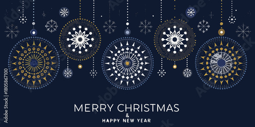 Elegant merry christmas and happy new year greeting card with decorative ornaments and snowflakes on a dark blue background