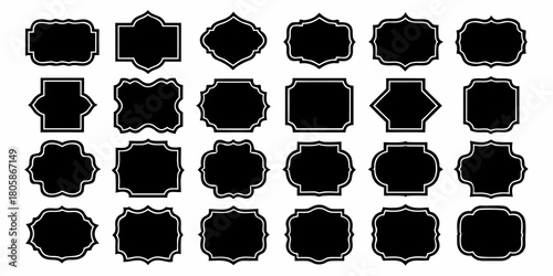 Collection of diverse black decorative ornamental frames and labels with white borders on a white background