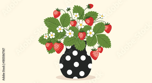 A vibrant bouquet of red strawberries, green leaves, and white blossoms arranged in a stylish black polka dot vase against a soft cream background.