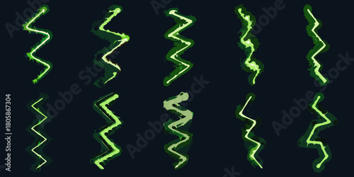 Collection of glowing green energy swirls and lightning bolts on dark background