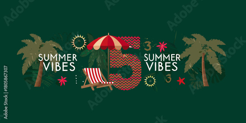 Festive summer vibes with palm trees beach chair umbrella and number 5
