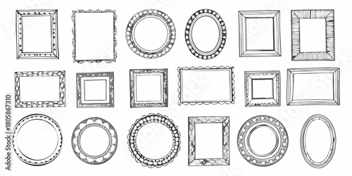 Collection of hand drawn decorative picture frames in various shapes and styles