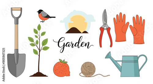 An illustrative collection of essential gardening tools, plants, and natural elements for a vibrant and sunny outdoor garden theme.