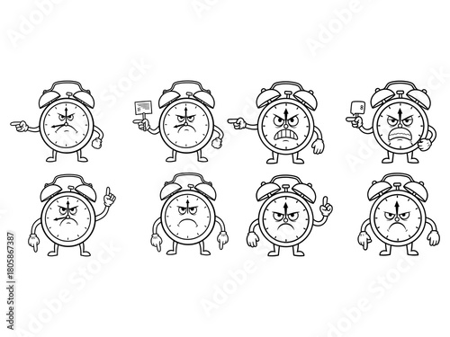 Grumpy Cartoon Alarm Clock Character Pointing