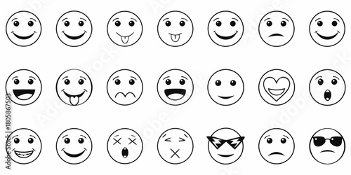 Collection of diverse black and white smiley face icons representing various emotions and expressions