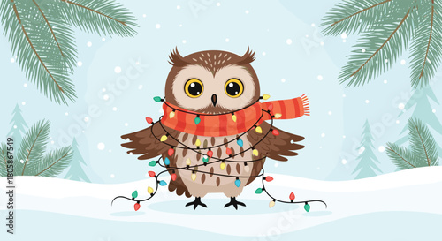 A charming cartoon owl wearing a cozy orange scarf and decorative Christmas lights, standing happily in a snowy winter forest setting.
