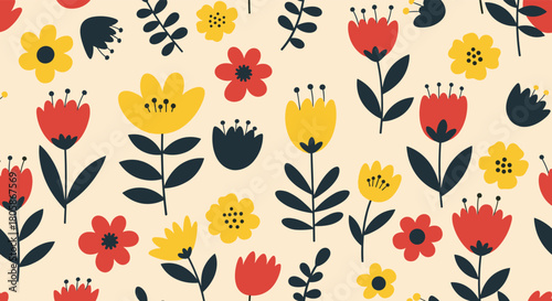 A vibrant seamless pattern of stylized red, yellow, and dark blue flowers with dark stems and leaves on a light beige background, ideal for textile and decor.